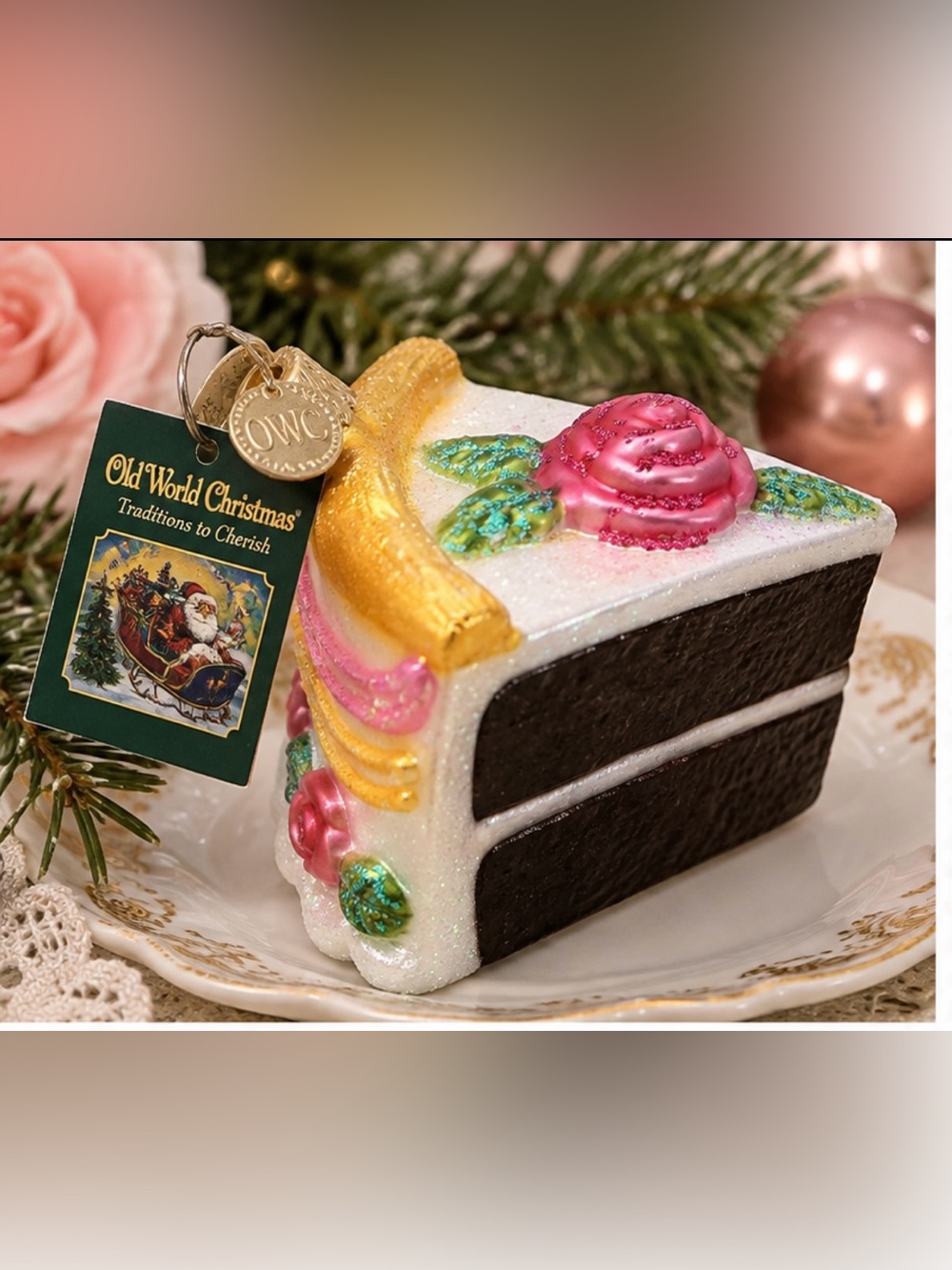 Old World Christmas Piece of Cake Ornament Pink Rose Gold Icing Glass OWC